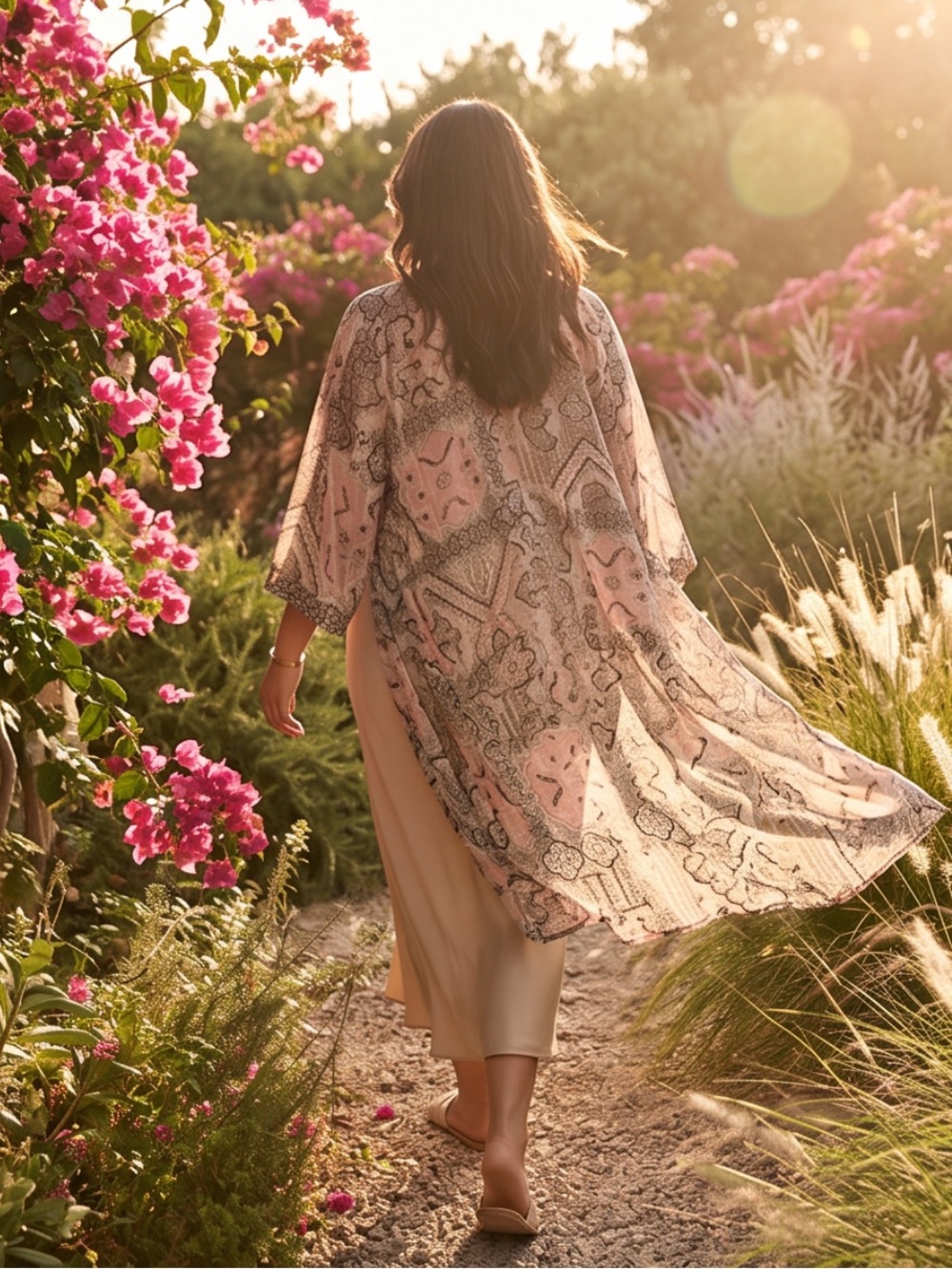 Tahari Pink and Beige Paisley Sheer Kimono Cardigan